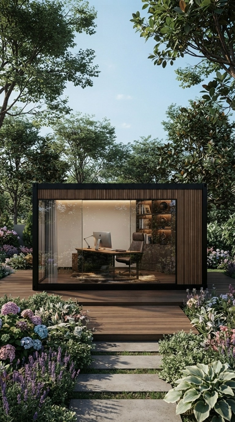 Vista frontal de escritório modular cercado por jardim e caminho de pedras