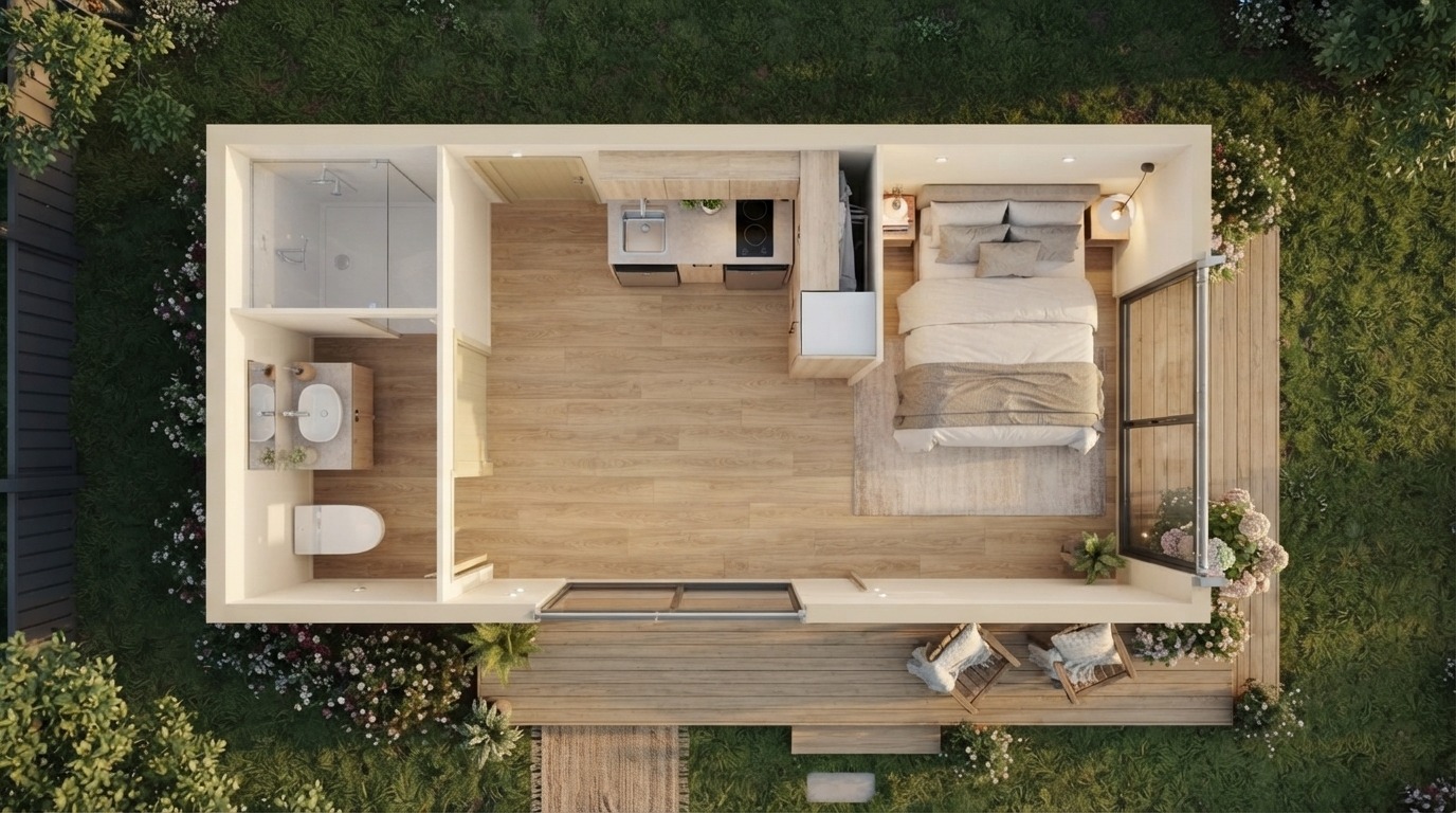 Vista superior da planta de uma suíte modular com banheiro, cozinha, dormitório e varanda